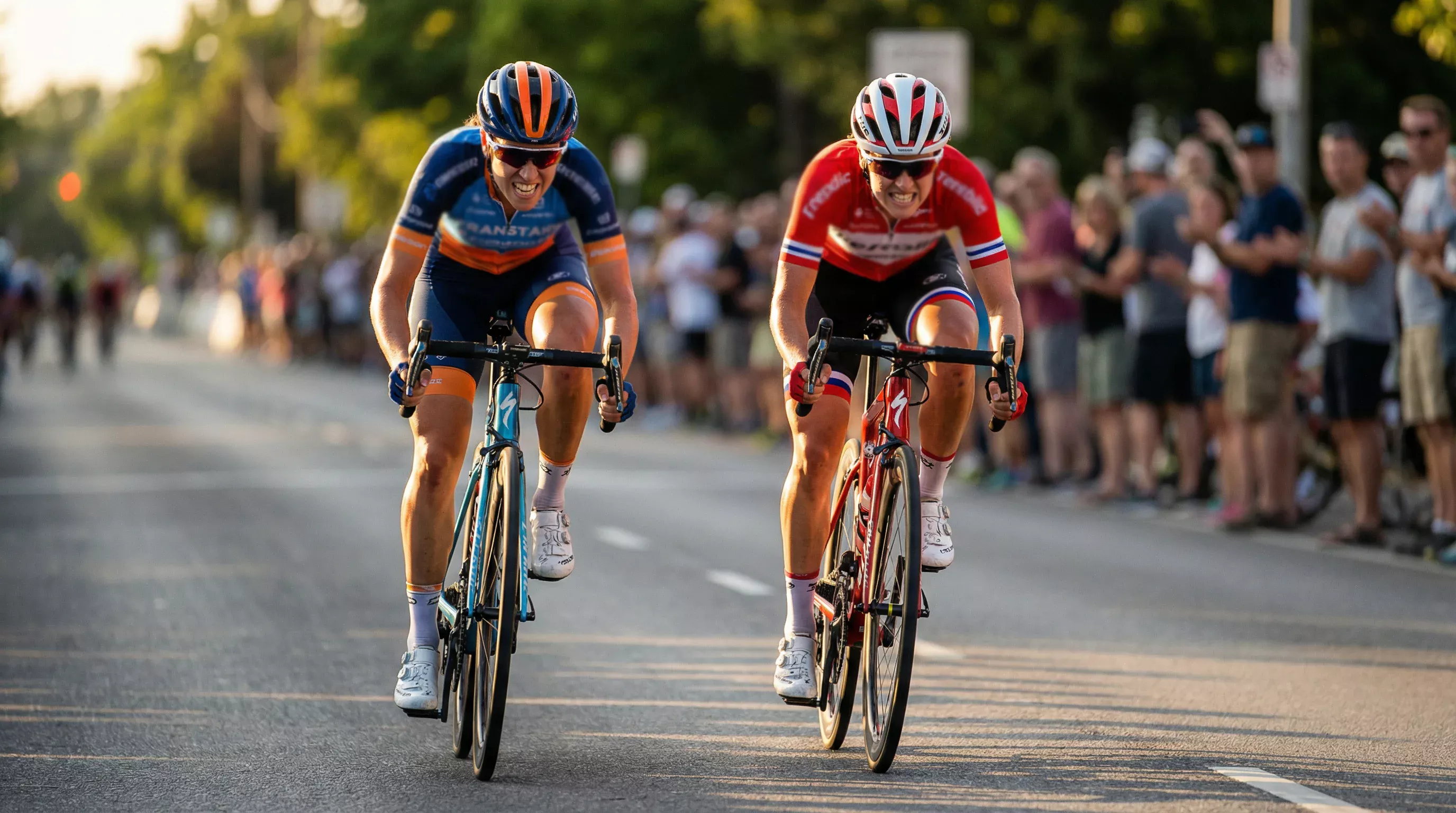 Dos ciclistas del pelotón femenino compitiendo en paralelo durante una etapa