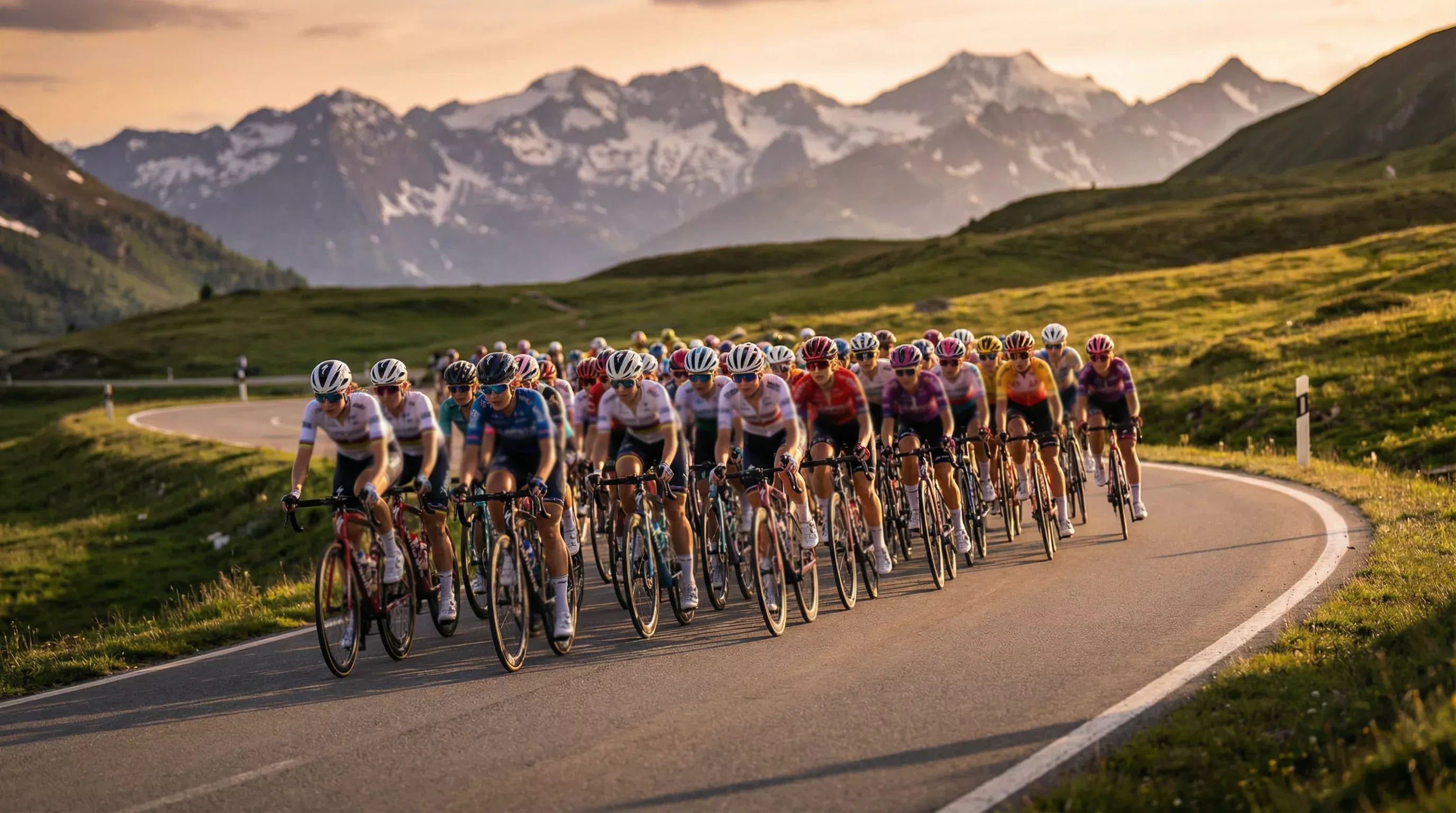 Pelotón femenino del UCI Women's WorldTour rodando en grupo compacto durante una etapa de montaña