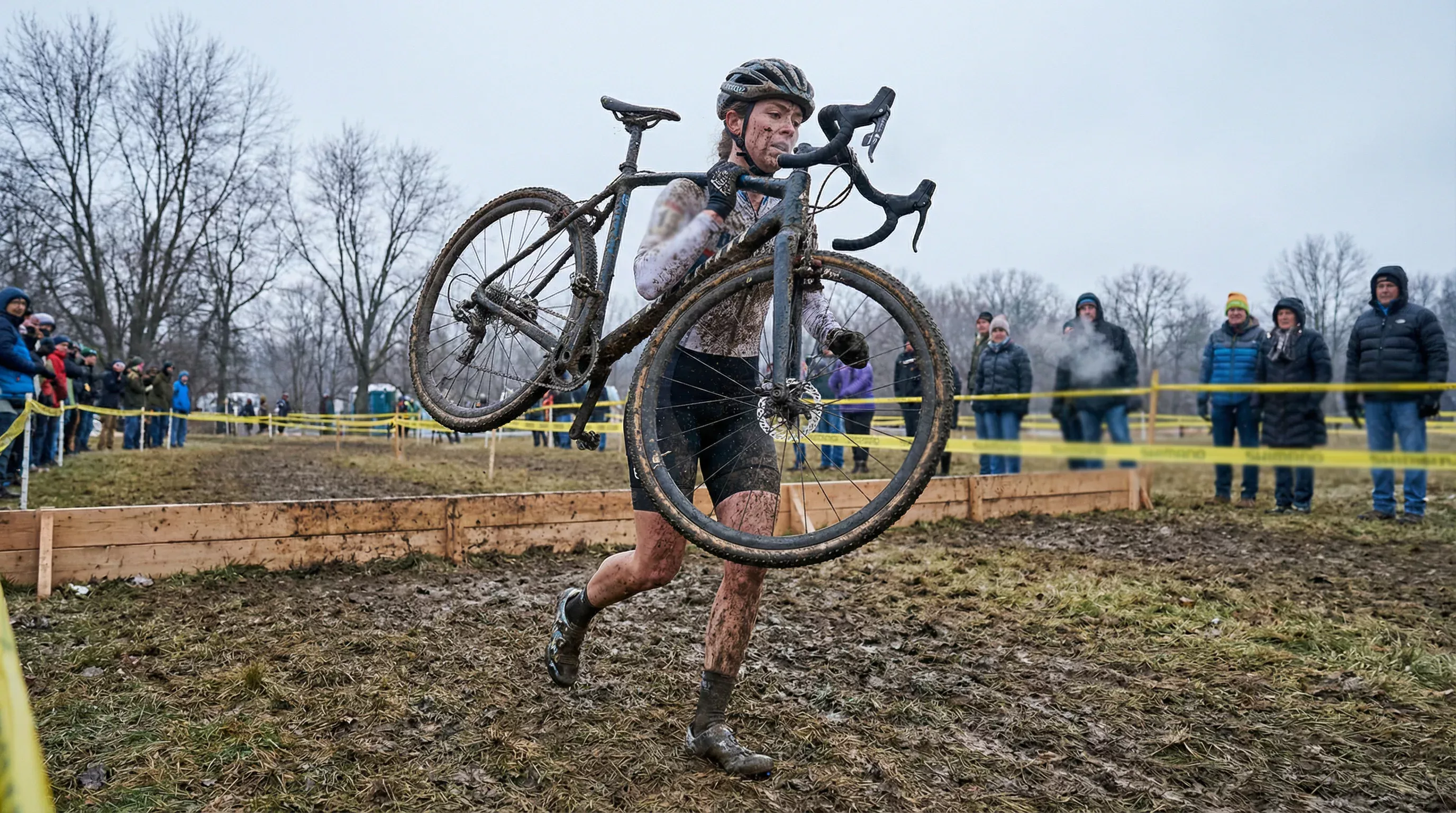 Ciclista femenina de ciclocross cargando la bicicleta sobre el hombro en un tramo de obstáculos con barro