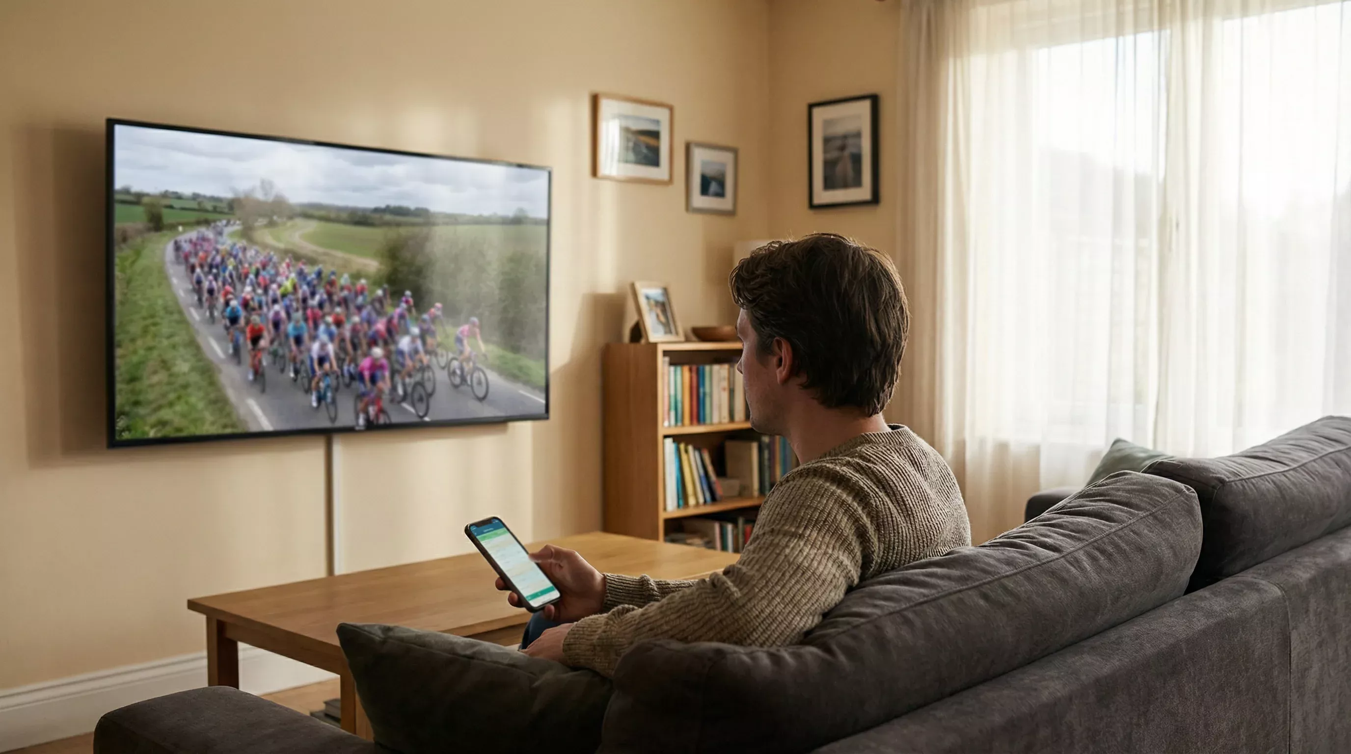 Aficionado siguiendo una retransmisión en directo de ciclismo femenino en televisión con un dispositivo móvil en la mano
