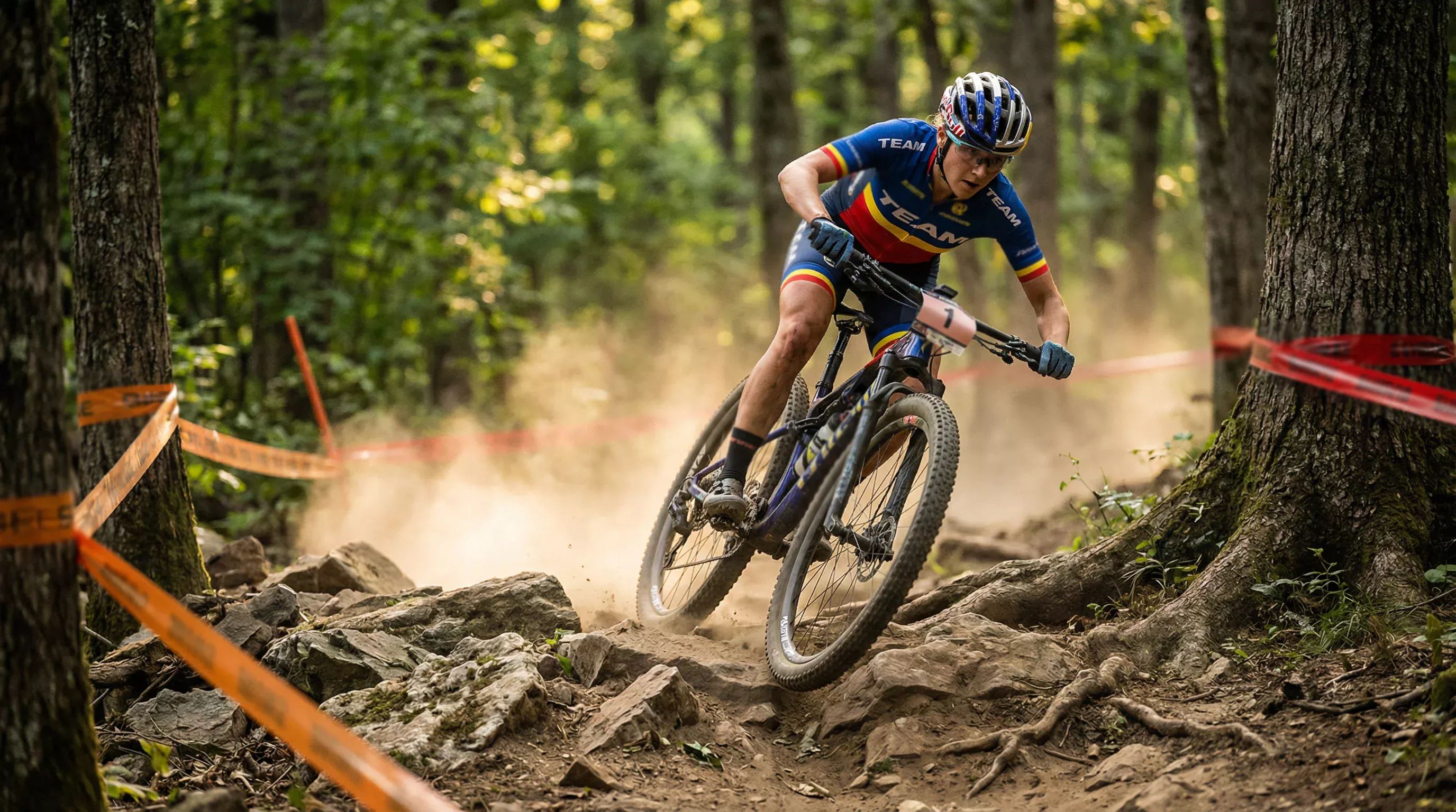 Ciclista femenina de mountain bike en descenso técnico durante carrera cross-country olímpico