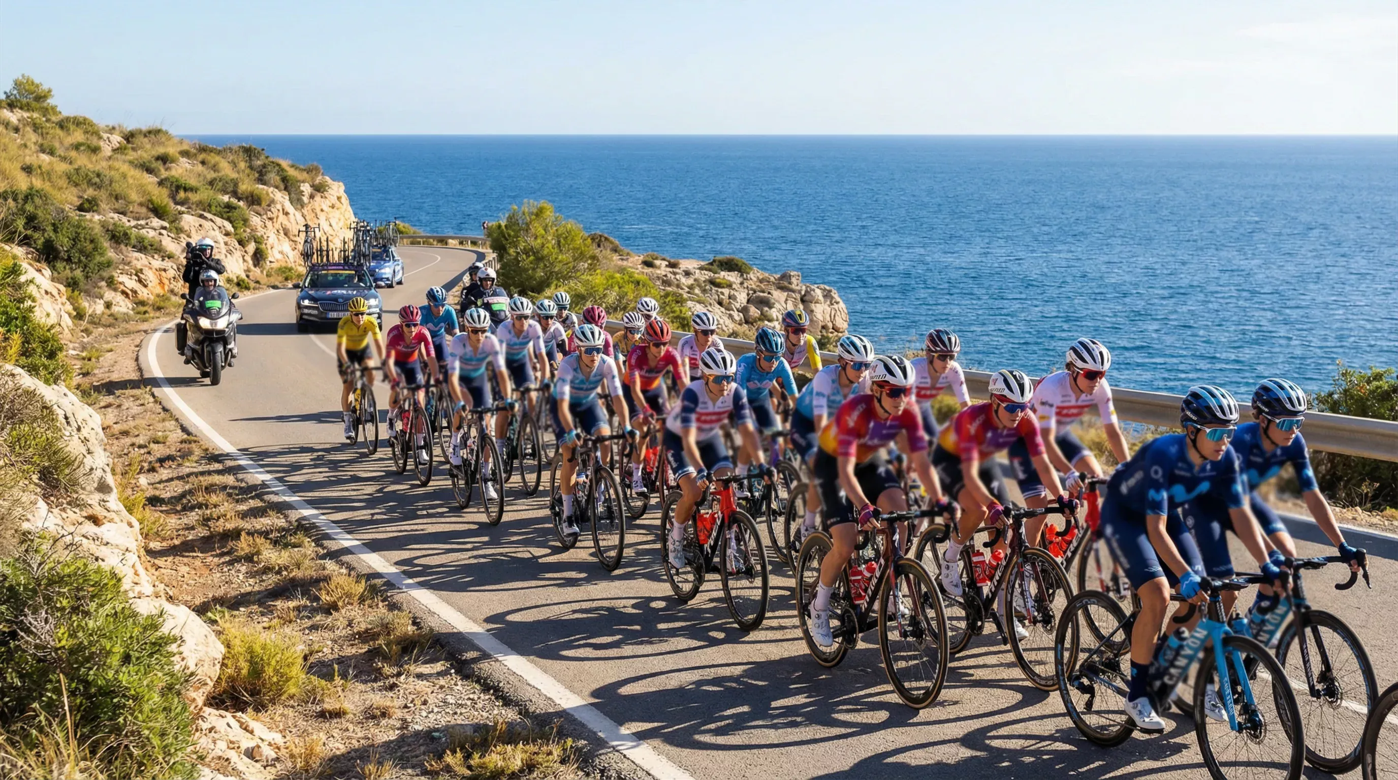 Pelotón de ciclistas profesionales del UCI Women's WorldTour rodando en carretera europea durante una etapa de ruta