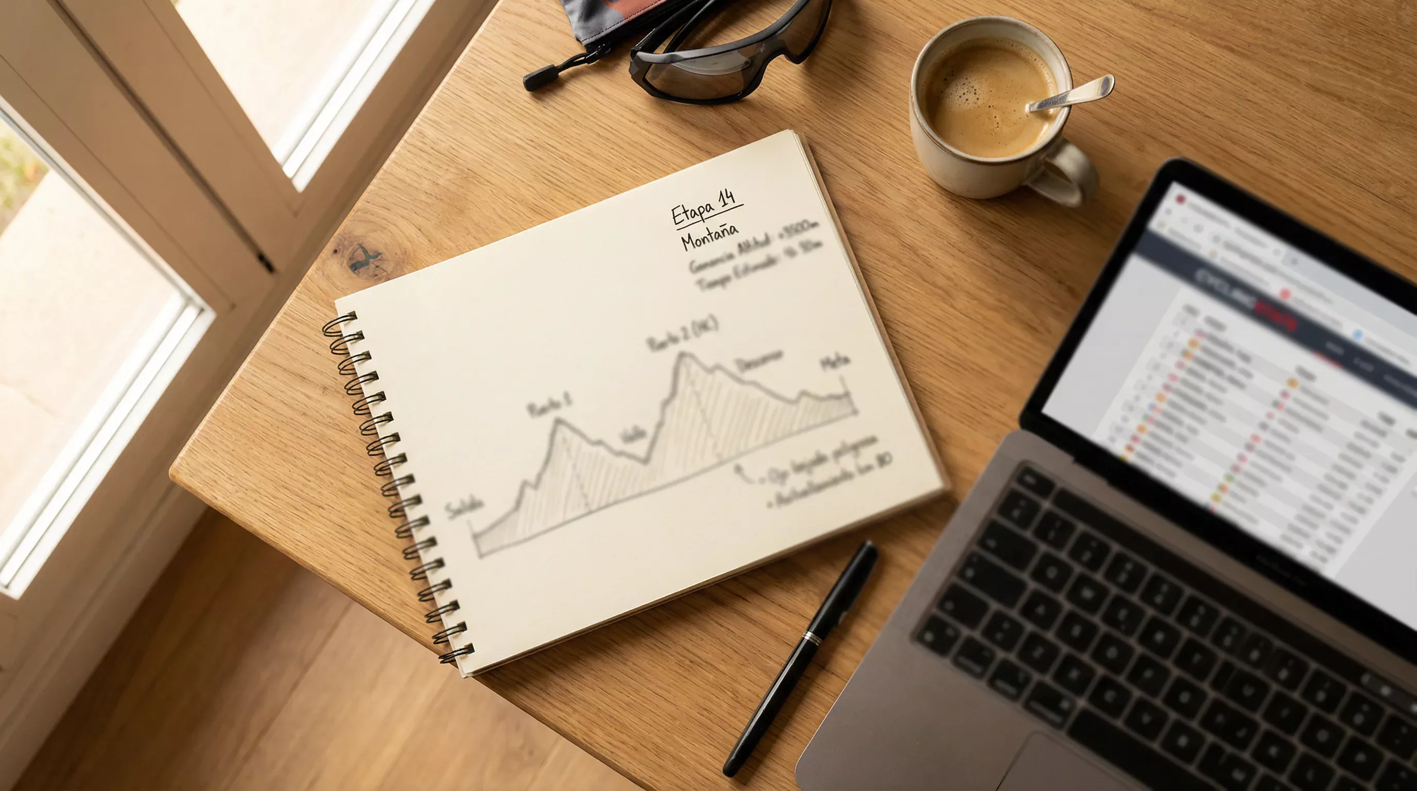 Bloc de notas con análisis de perfil de etapa y estrategia de apuestas de ciclismo femenino junto a un portátil