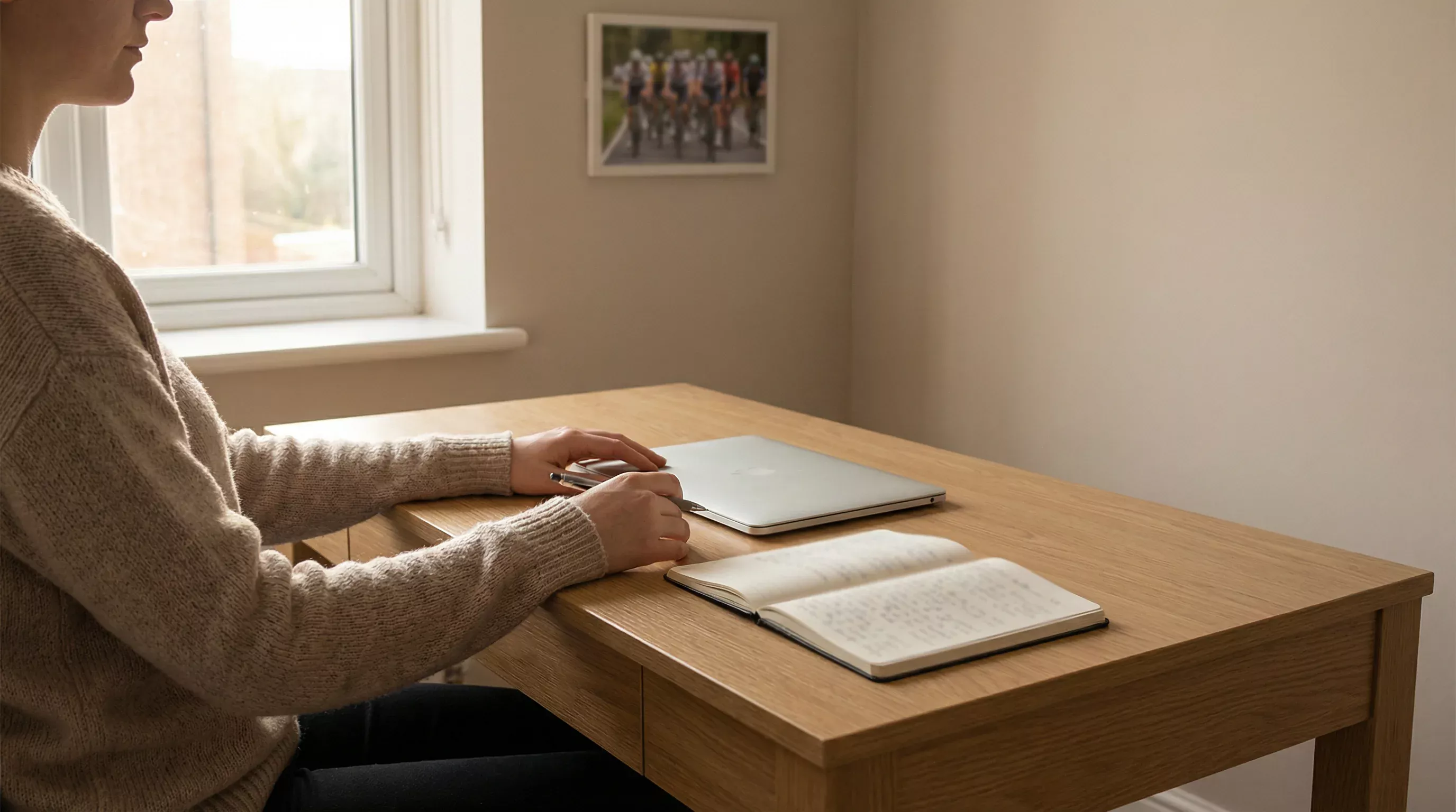 Persona reflexionando frente a una pantalla con un símbolo de protección y ciclismo de fondo