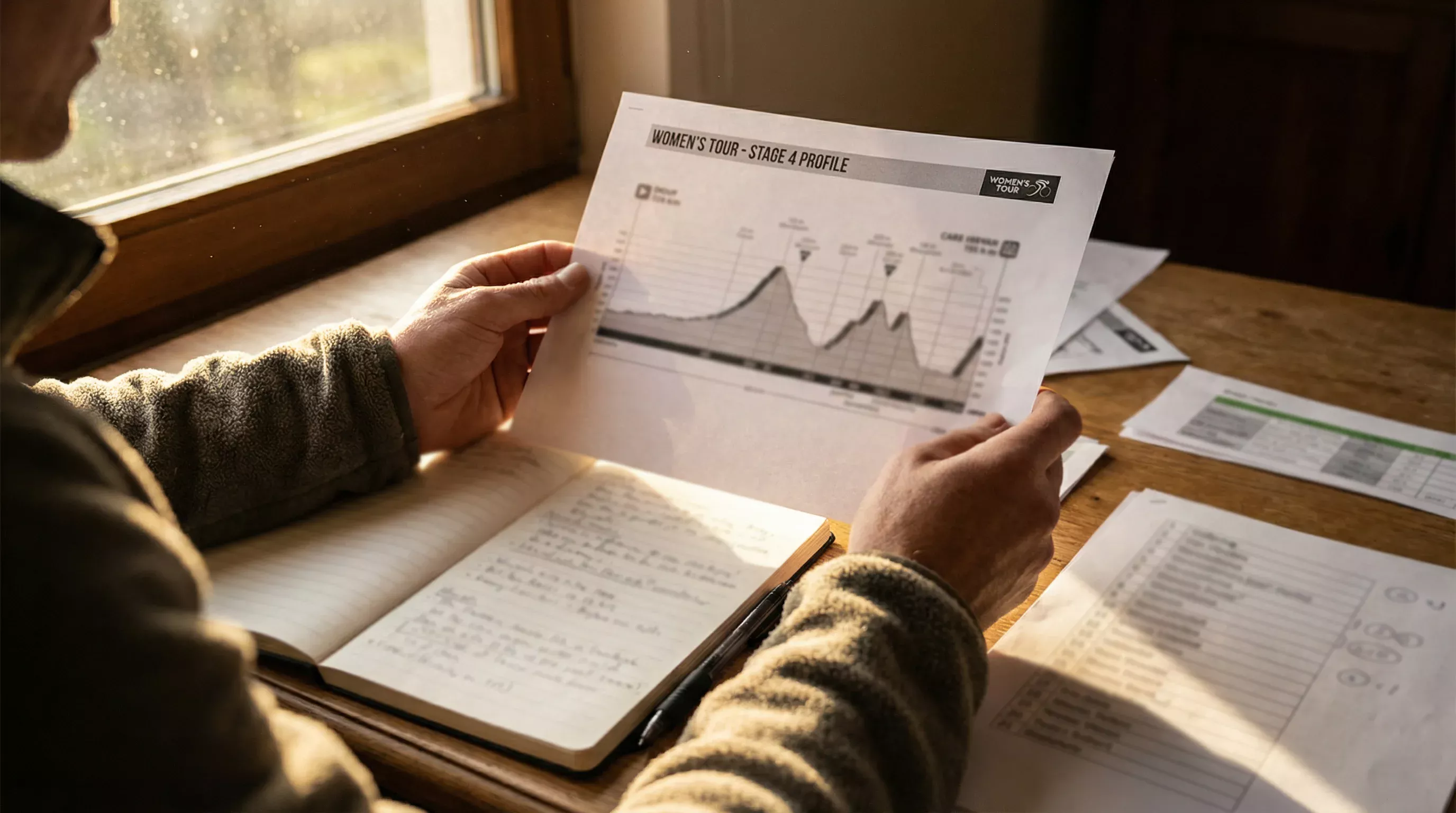 Persona analizando un perfil de etapa de ciclismo femenino con notas y documentos sobre la mesa