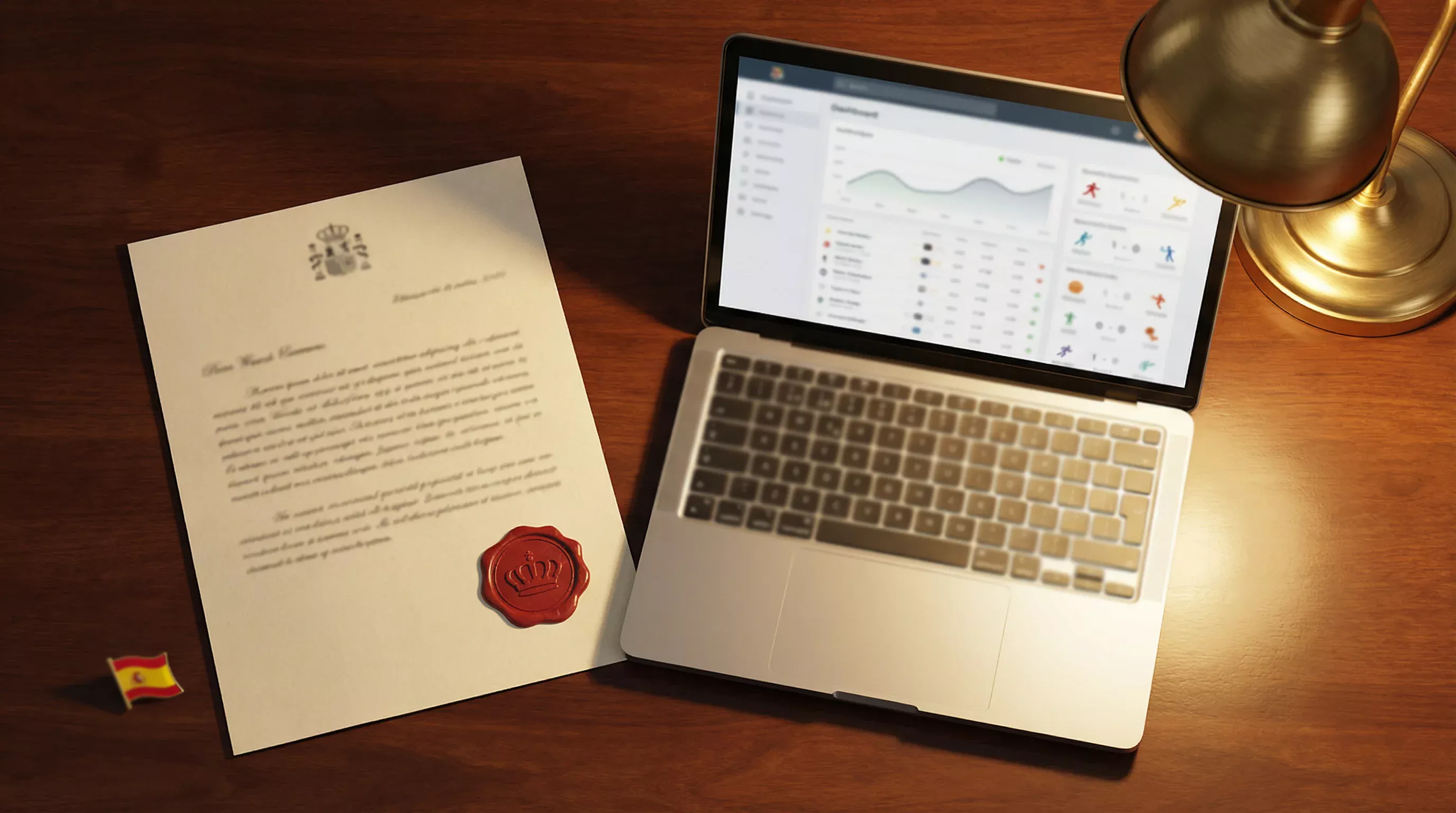 Documento oficial con sello regulatorio sobre una mesa junto a un portátil mostrando una plataforma de apuestas deportivas