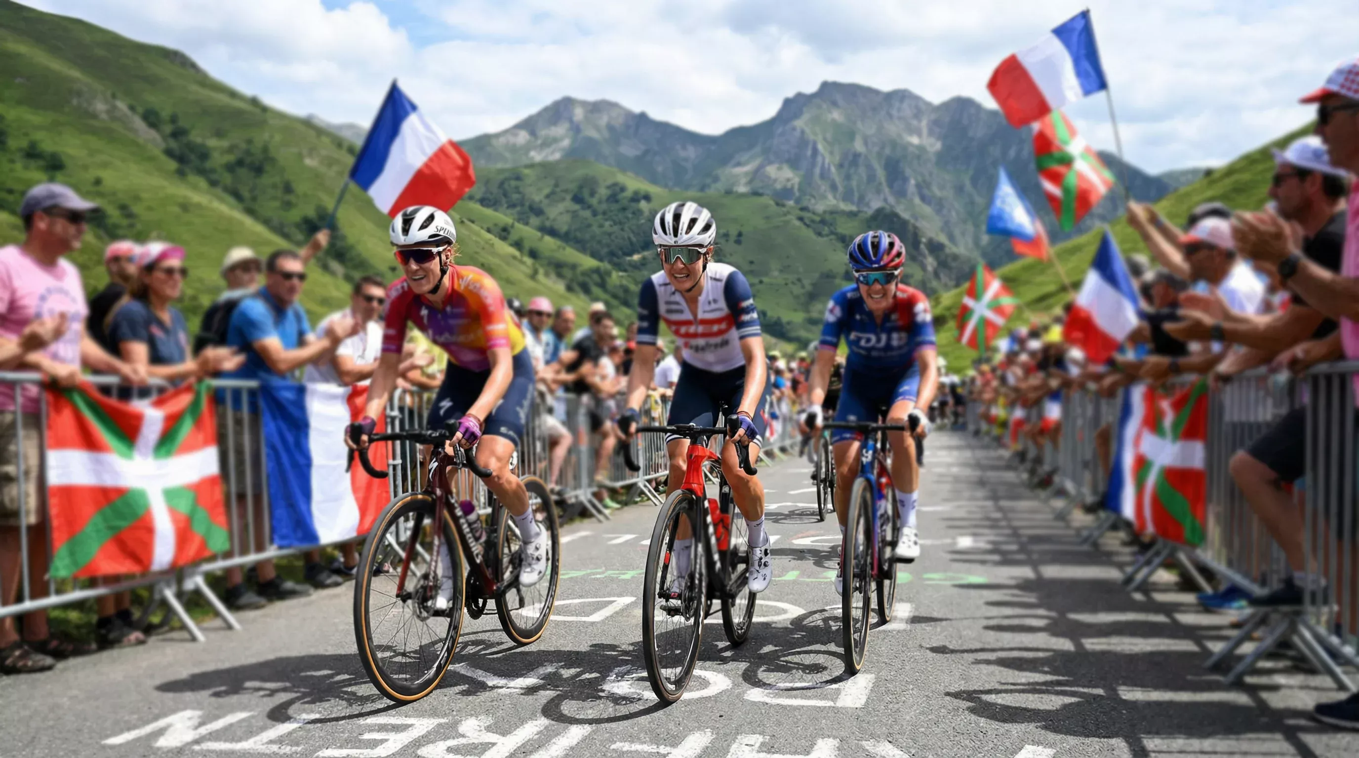 Ciclistas femeninas ascendiendo un puerto de montaña durante el Tour de France Femmes con público en la carretera